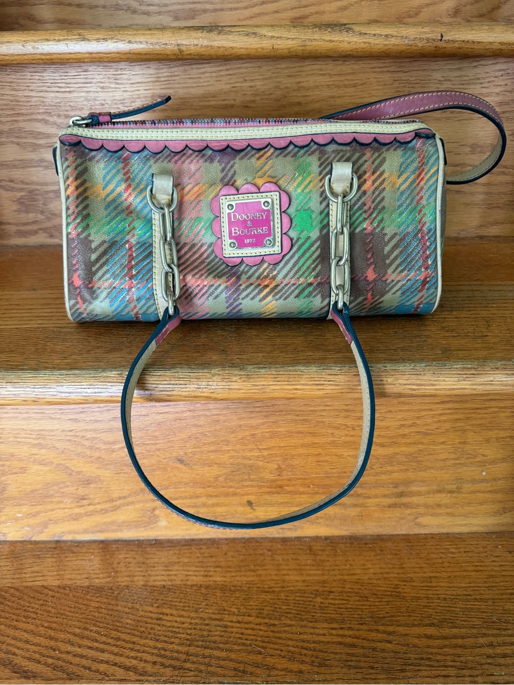Dooney & Bourke Multicolor Plaid Purse with Pink Trim